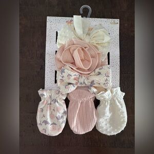Baby Girl Floral Headband and Mitten Set - Pink, White